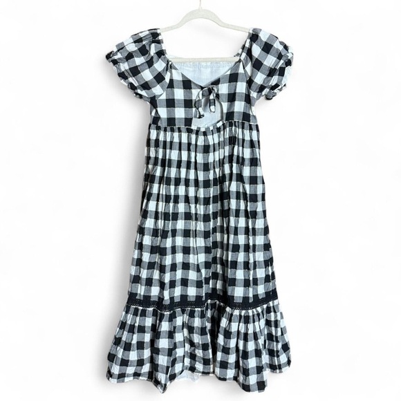 Happily Grey Puff Sleeve Ruffle Maxi Dress Girls 12 Black Buffalo Plaid Holiday - Picture 3 of 6